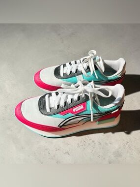 Puma Kids White Sneakers with Pink, Teal & Black Accents